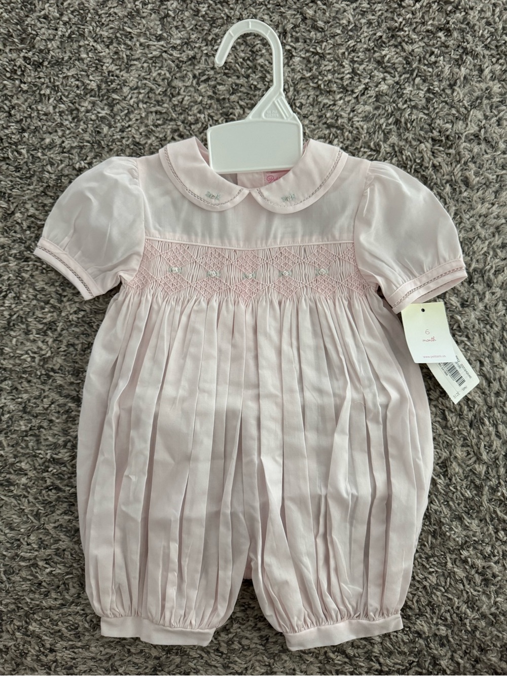 Petit Ami Pale Pink Smocked Peter Pan Collar Romper (6 mo)
